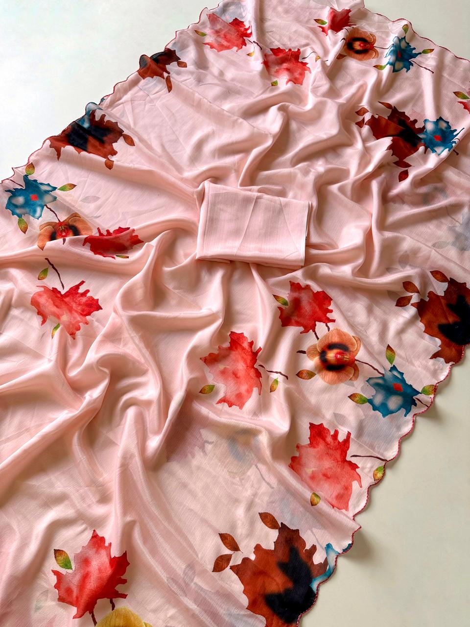 Soft Chinon Saree with Floral Print & Contrast Arco Cutwork Border