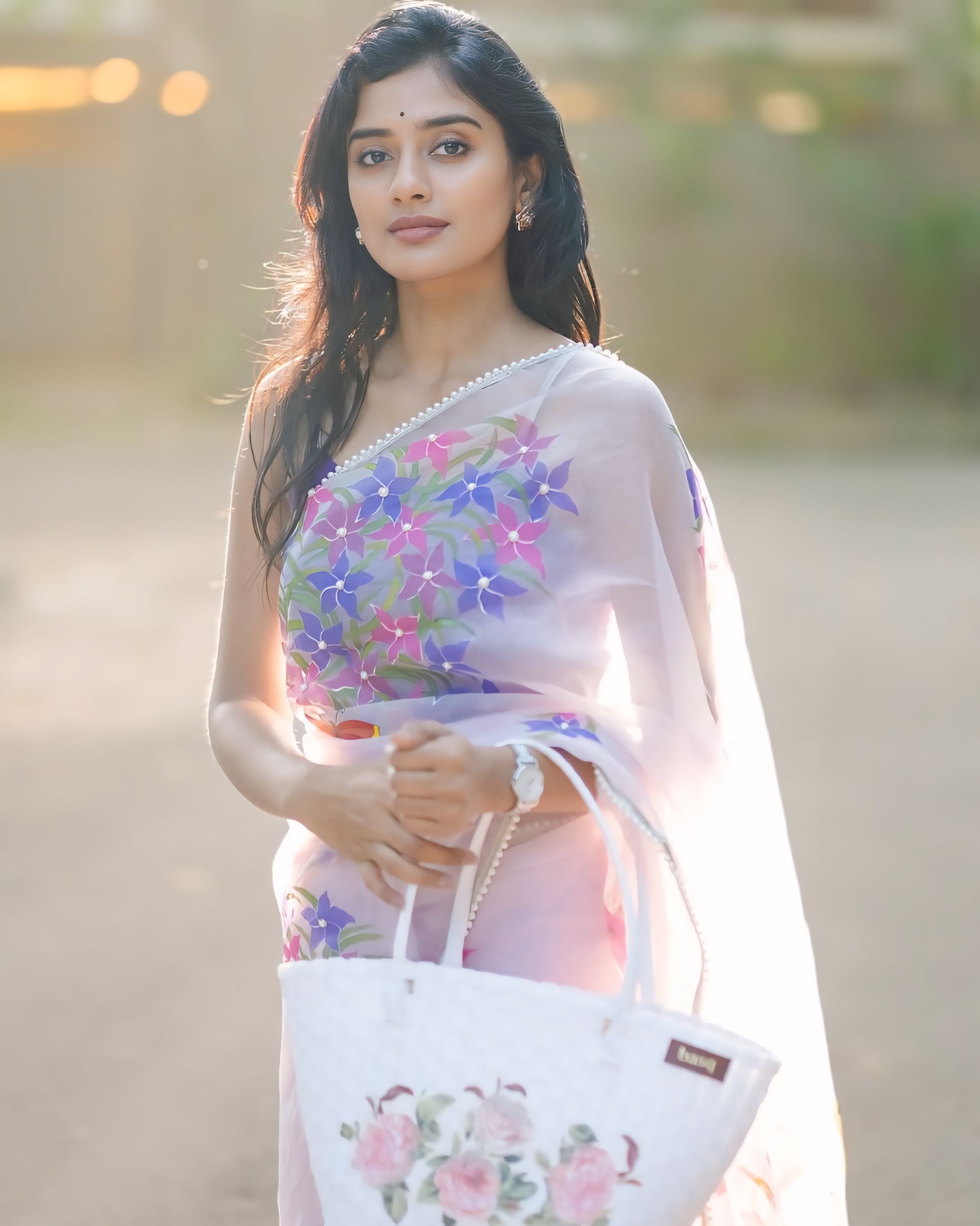 Chic 1-Minute Ready-To-Wear Off-White Organza Silk Saree | Printed + Handwork Lace Border with Banglori Silk Blouse Piece