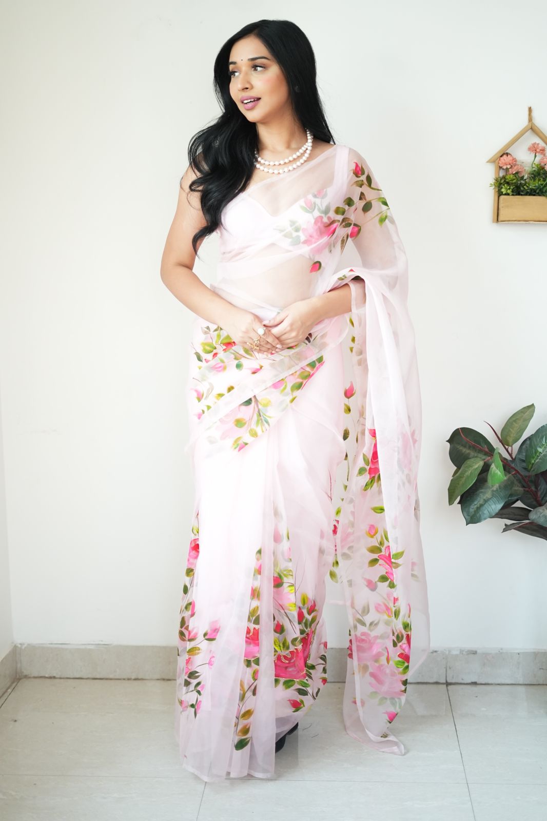 CLOVIRA Baby Pink Pure Organza Ready-to-Wear Saree