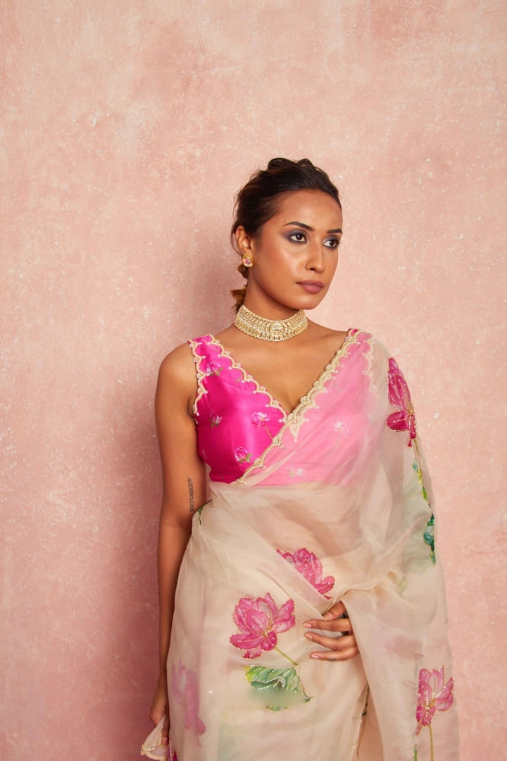 CLOVIRA 1-Minute Ready-to-Wear Tabby Organza  Saree with Printed & Handwork Border | Luxurious Designer Collection