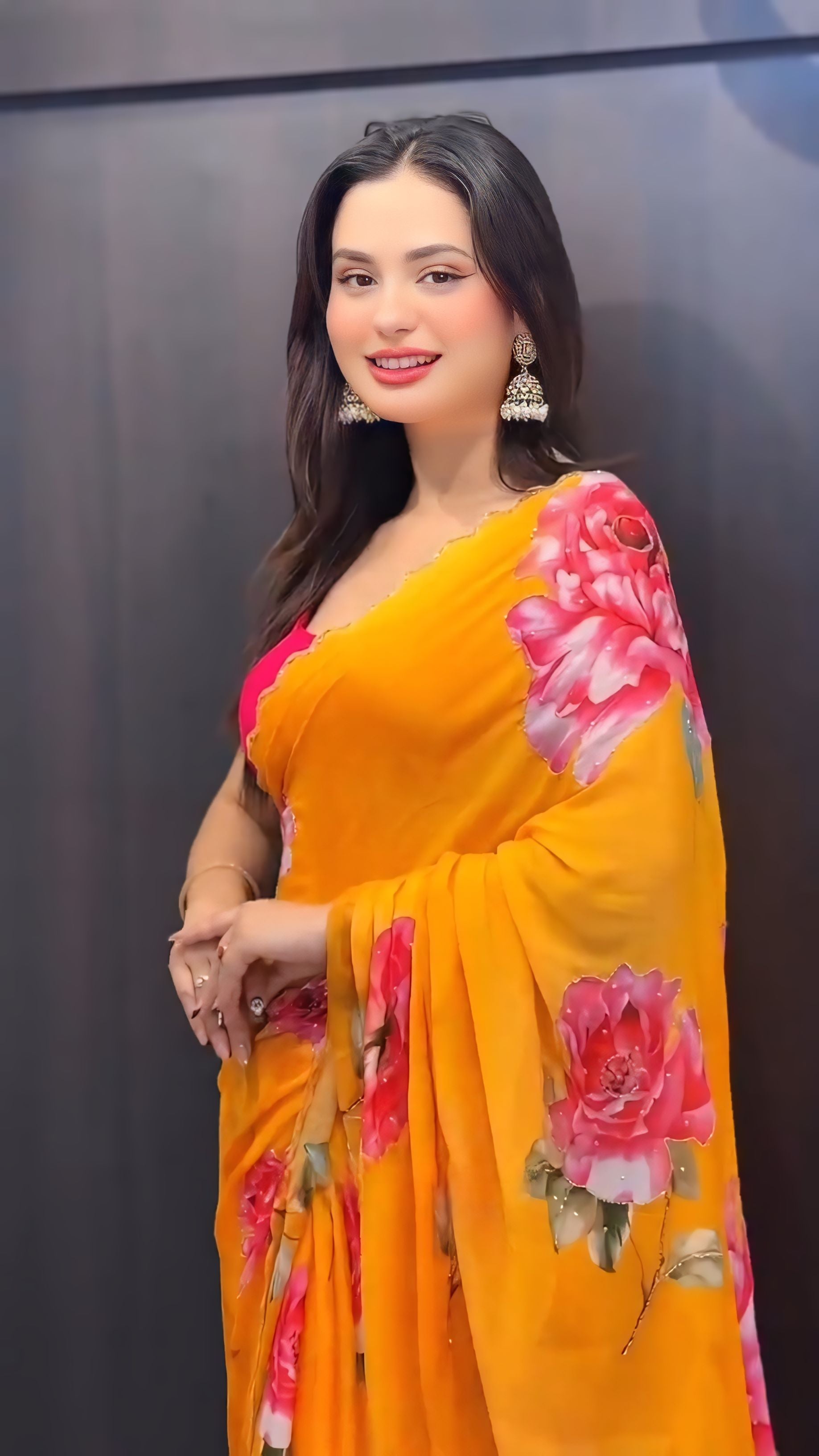 Elegant Ready-To-Wear Georgette Handwork Saree | Golden Curved Lace Border with Blouse Piece