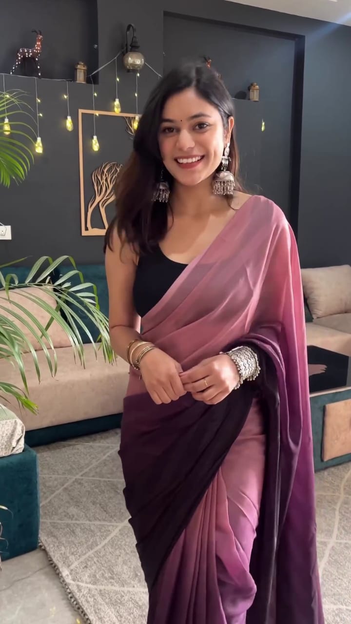 1-Minute Ready-To-Wear Dusty Rose & Wine Purple Dual-Tone Georgette Saree with Dark Brown Border | Printed Design with Blouse Piece