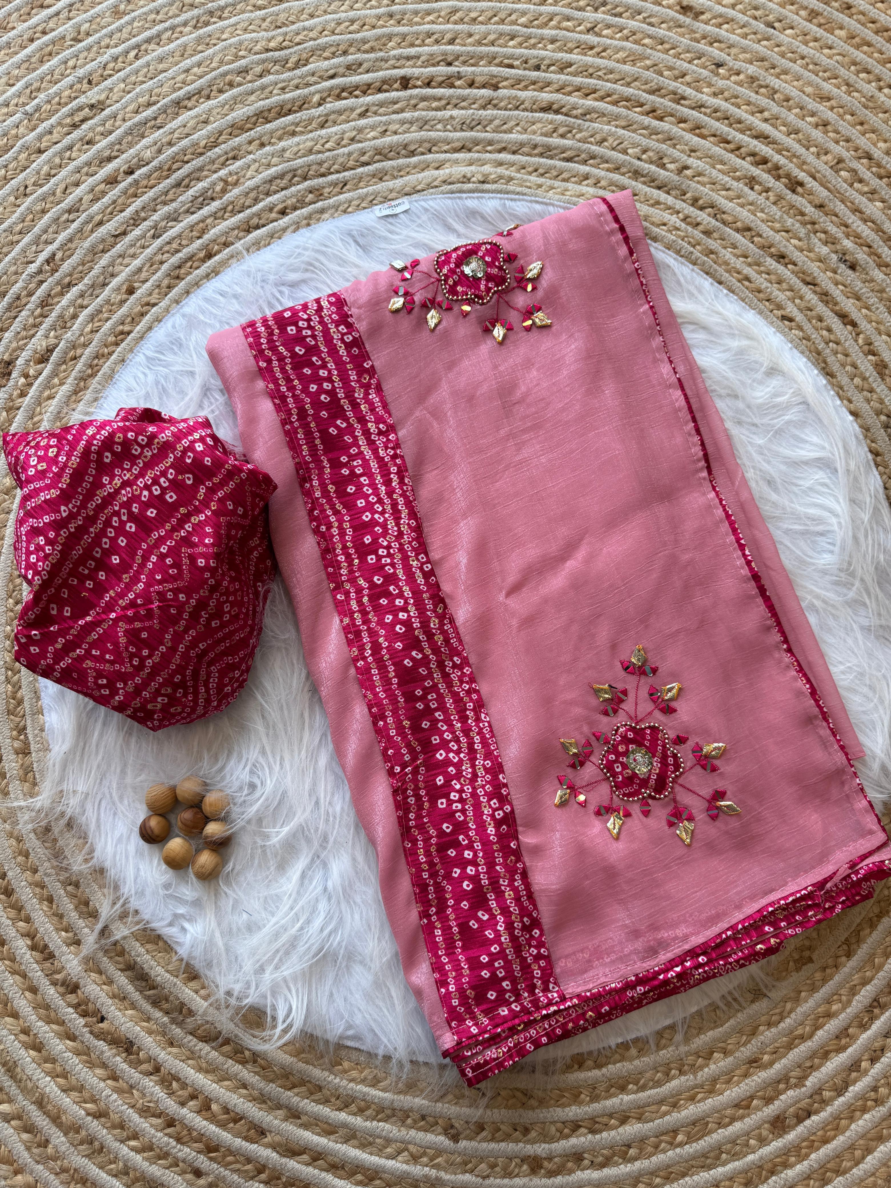 CLOVIRA Soft Crunchy Chiffon Saree with Mirror & Thread Embroidery