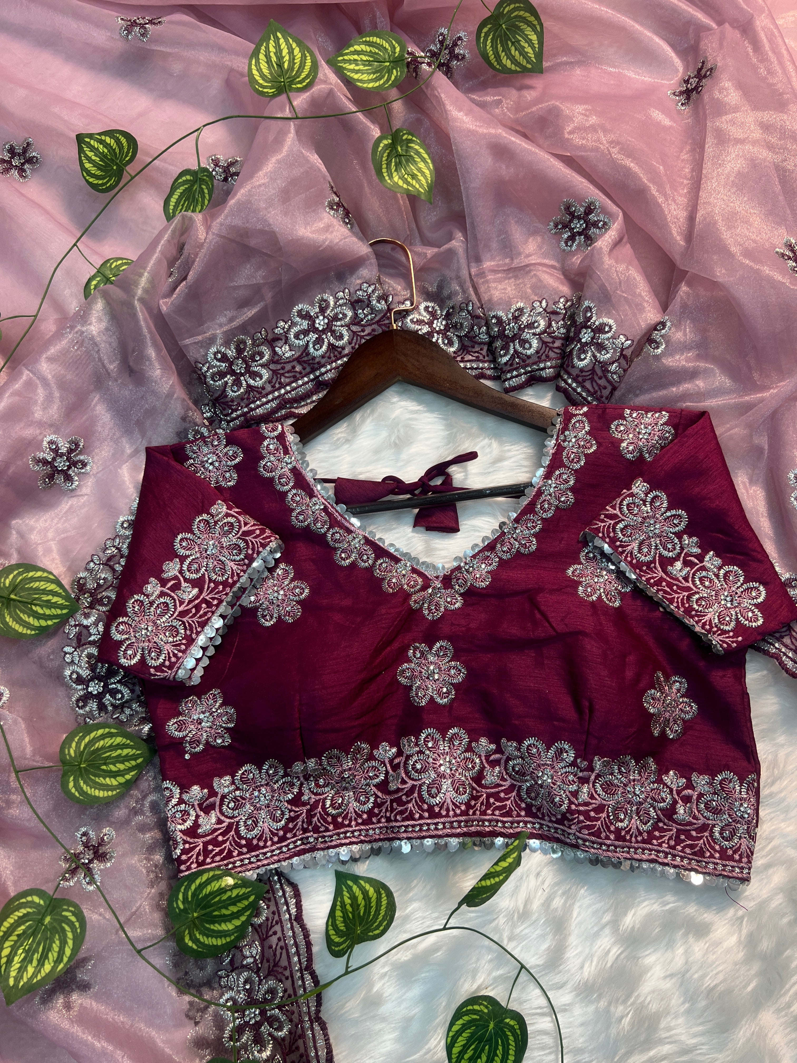 Traditional Soft Silk Saree | Multi Colour Embroidery, Zari Butta & Stone Work with Stitched Blouse