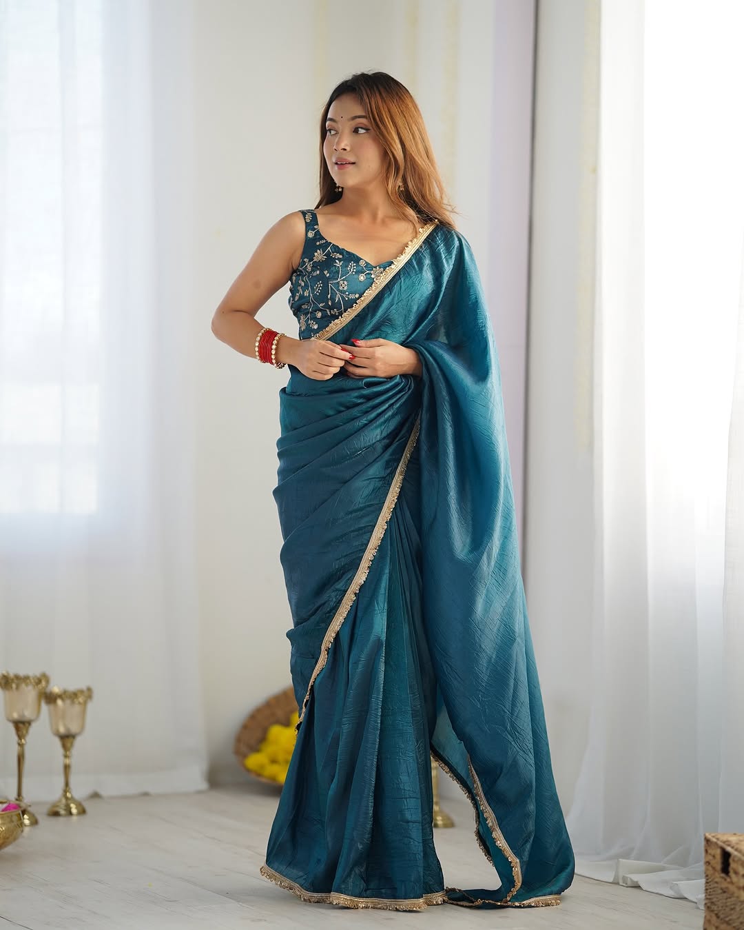 CLOVIRA Royal 1-Minute Ready-To-Wear Golden Crush Silk Saree | Elegant Border with Stitched Blouse