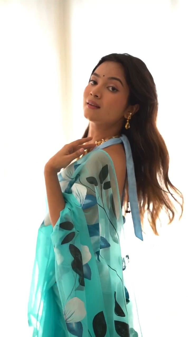 CLOVIRA Aqua Blue Pure Organza Ready-to-Wear Saree