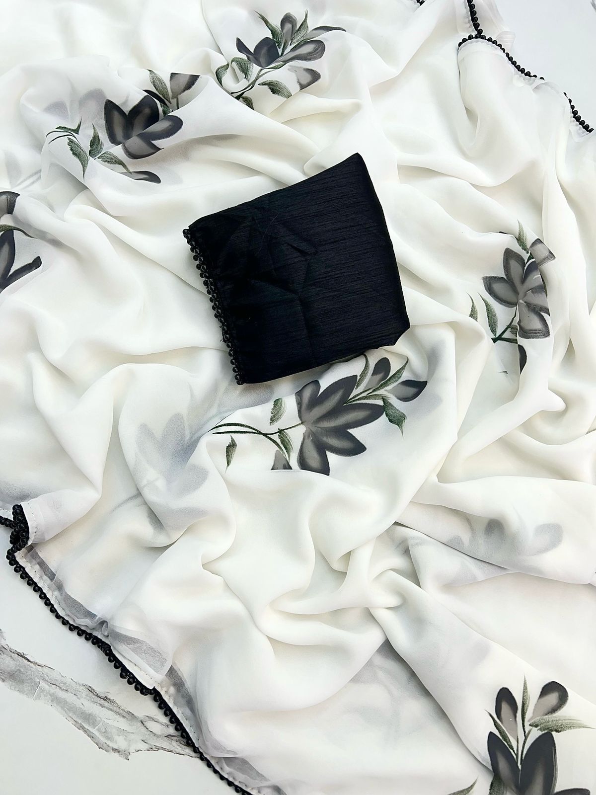 Georgette Floral Saree with Black Pearl Lace & Contrast Art Silk Blouse