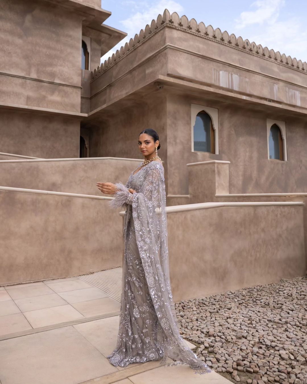 CLOVIRA Heavy Mono Net Saree with 5MM Multy & Sequins Embroidery Work