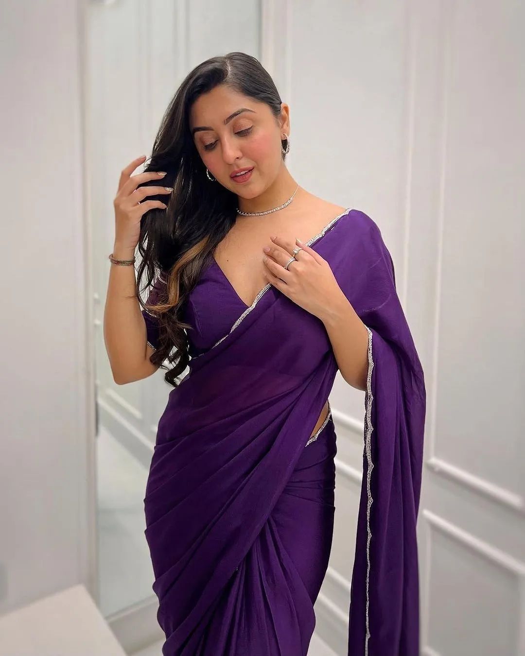 CLOVIRA Deep Violet Georgette Ready-to-Wear Saree with Stitched Violet Blouse | Elegant Designer Party Wear Collection