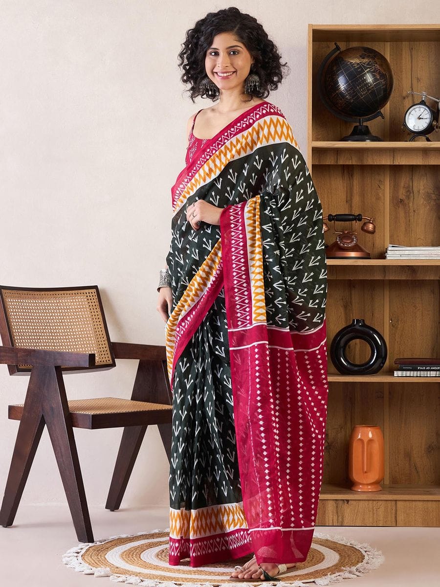 CLOVIRA Pure Soft Mul Cotton Silk Ready-to-Wear Saree with Pocket