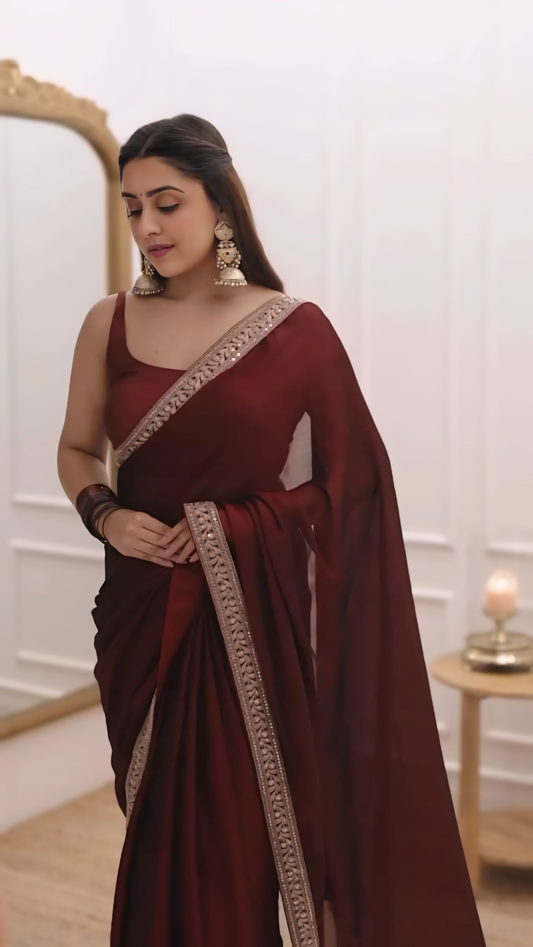 CLOVIRA Evocative 1-Minute Ready-To-Wear Maroon Rangoli Silk Saree | Embroidery Lace Border with Stitched Blouse