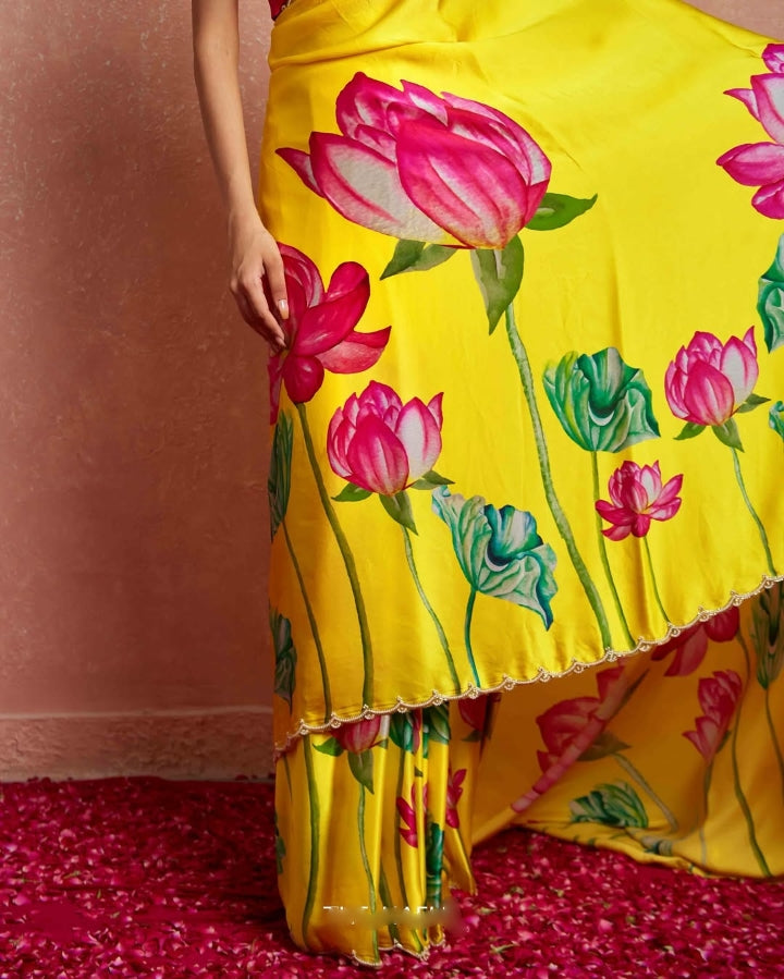 CLOVIRA 1-Minute Ready-to-Wear Satin Silk Saree with Printed & Handwork Border | Luxurious Designer Collection