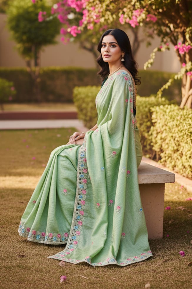 Premium Designer Soft Gold Crush Silk Saree | Multicolor Embroidery Cutwork Border with Stitched Blouse