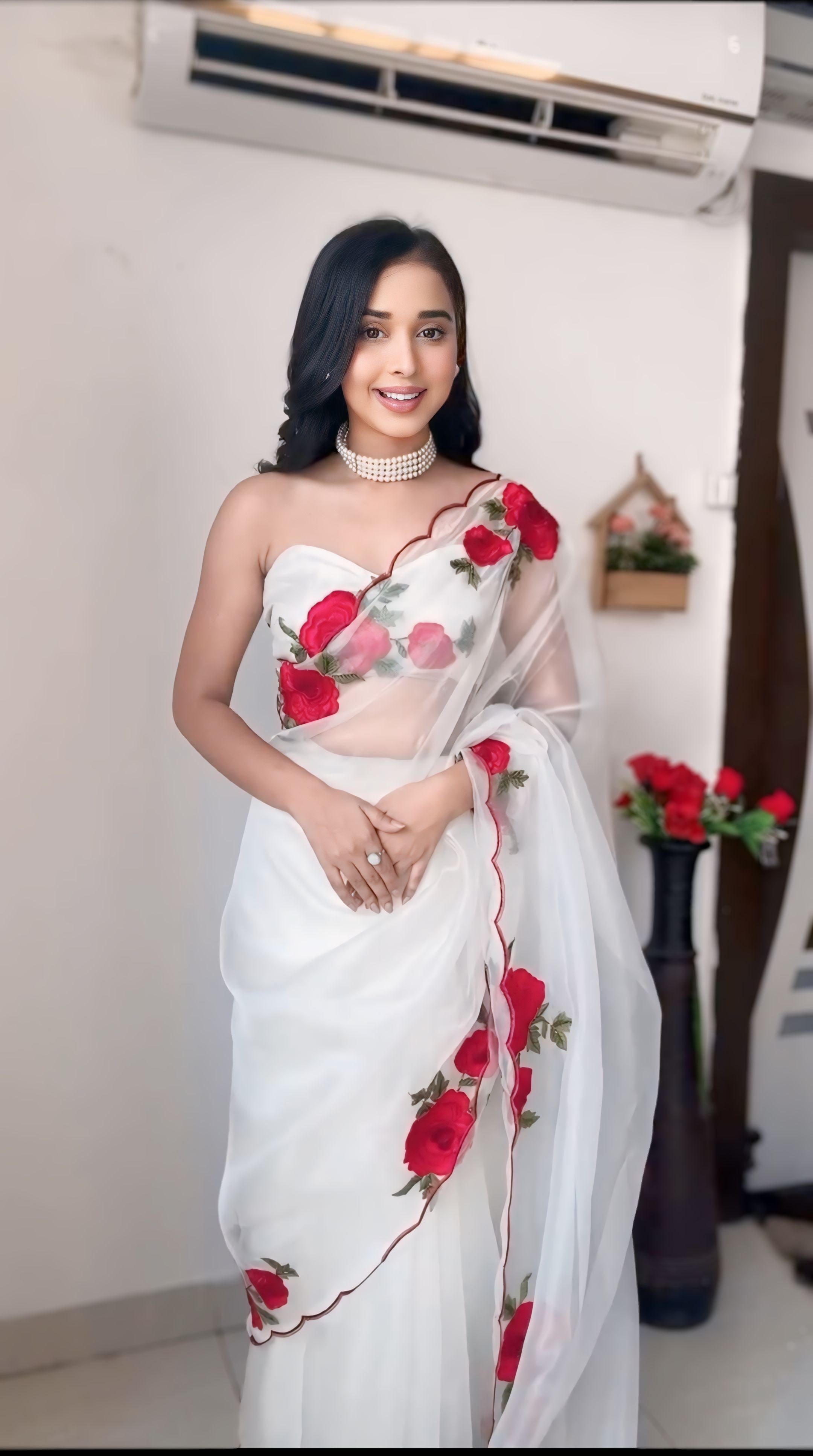 Pulsating 1-Minute Ready-To-Wear White Organza Silk Saree | Embroidery & Sequence Work with Blouse Piece