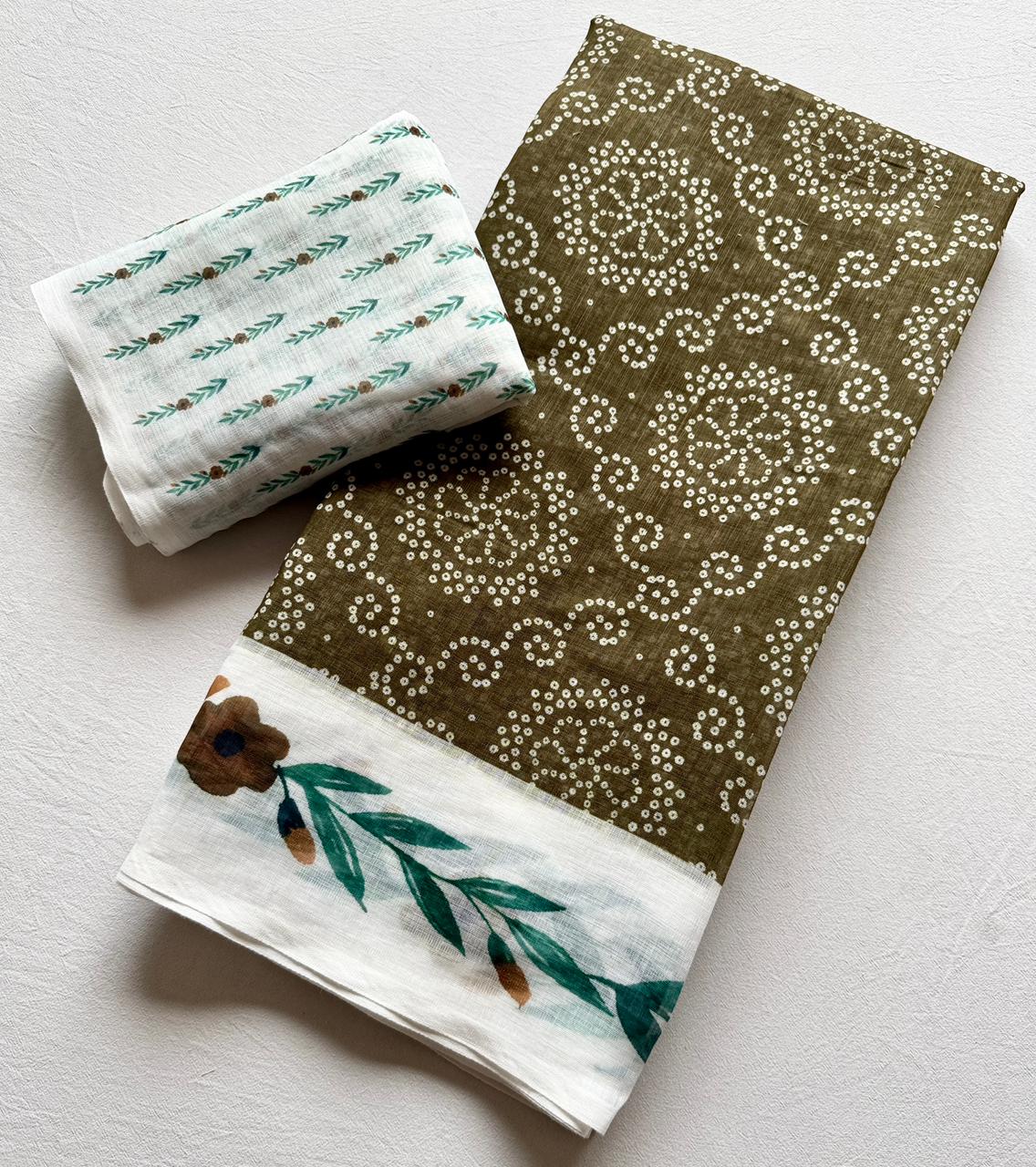 Soft Linen Saree with 3D Bandhej Digital Print & Running Blouse