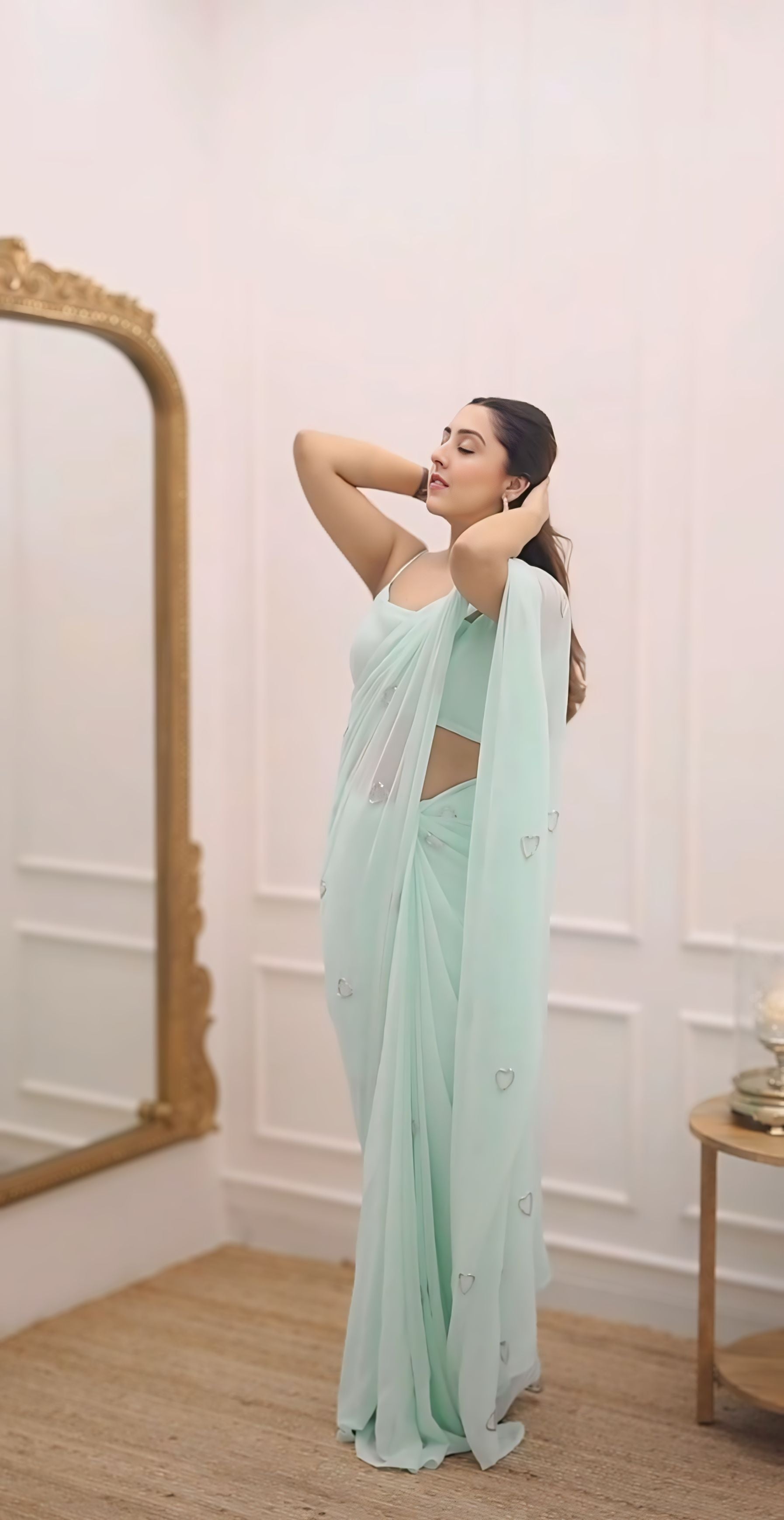 CLOVIRA Serene 1-Minute Ready-To-Wear Turquoise Georgette Saree | Elegant Handwork with Stitched Blouse