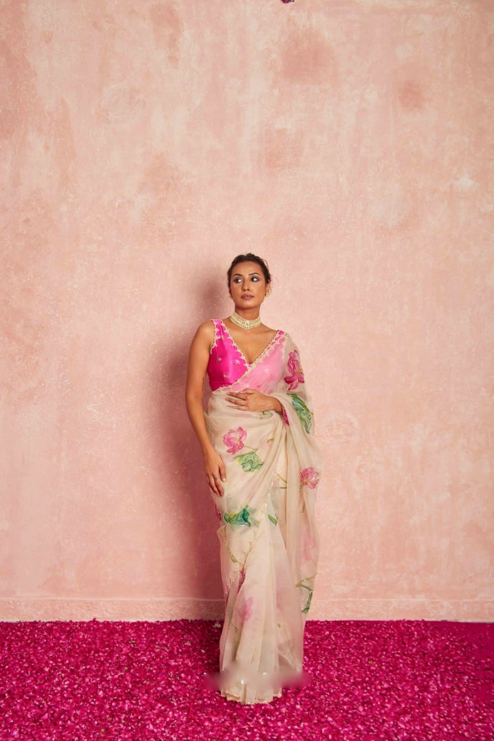 CLOVIRA 1-Minute Ready-to-Wear Tabby Organza  Saree with Printed & Handwork Border | Luxurious Designer Collection