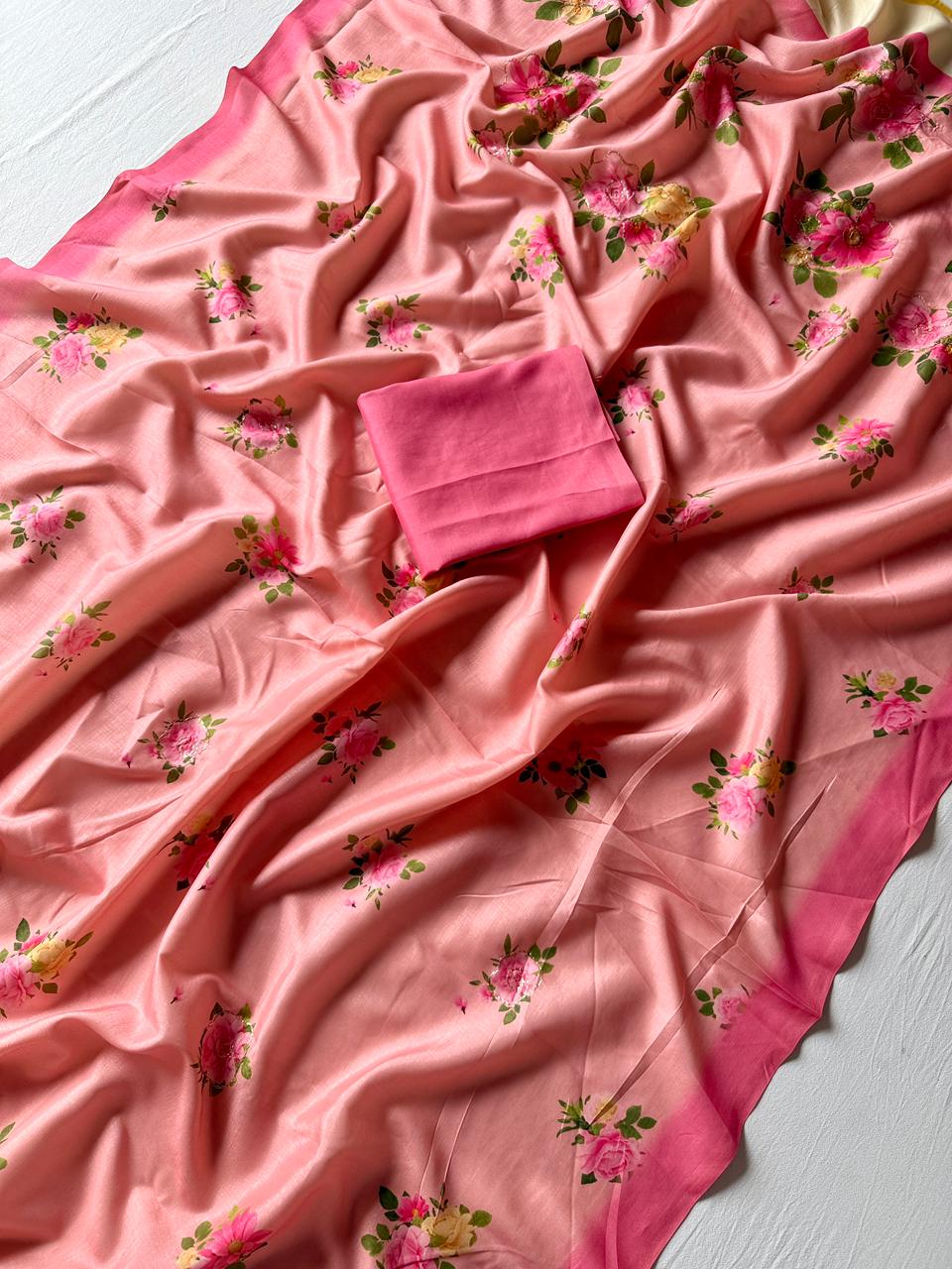 Soft Tusser Silk Saree with 3D Floral Digital Print & Aari Work