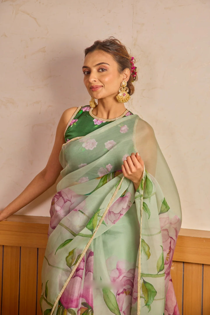 CLOVIRA Tabby Organza Ready-to-Wear Saree with Stitched Blouse | Elegant Designer Party Wear Collection
