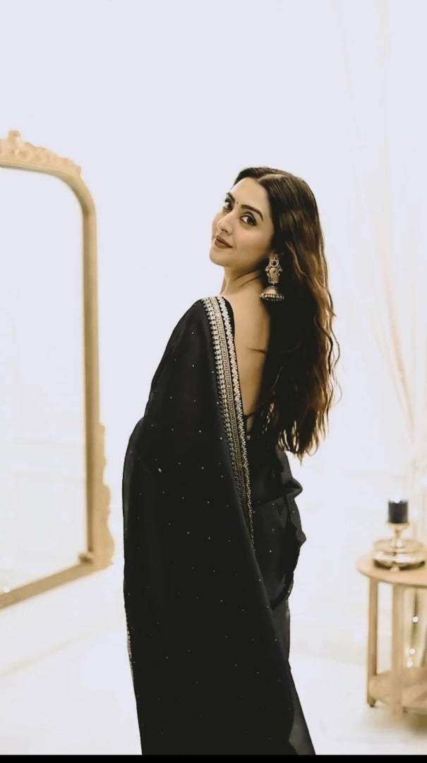 CLOVIRA 1-Minute Ready-to-Wear Organza Silk Saree with Satin Blouse | Embroidery & Siroski Designer Collection