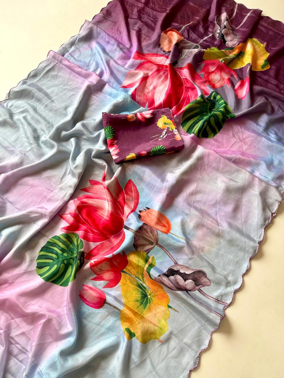 Soft Chinon Saree with Floral Print & Contrast Arco Cutwork Border