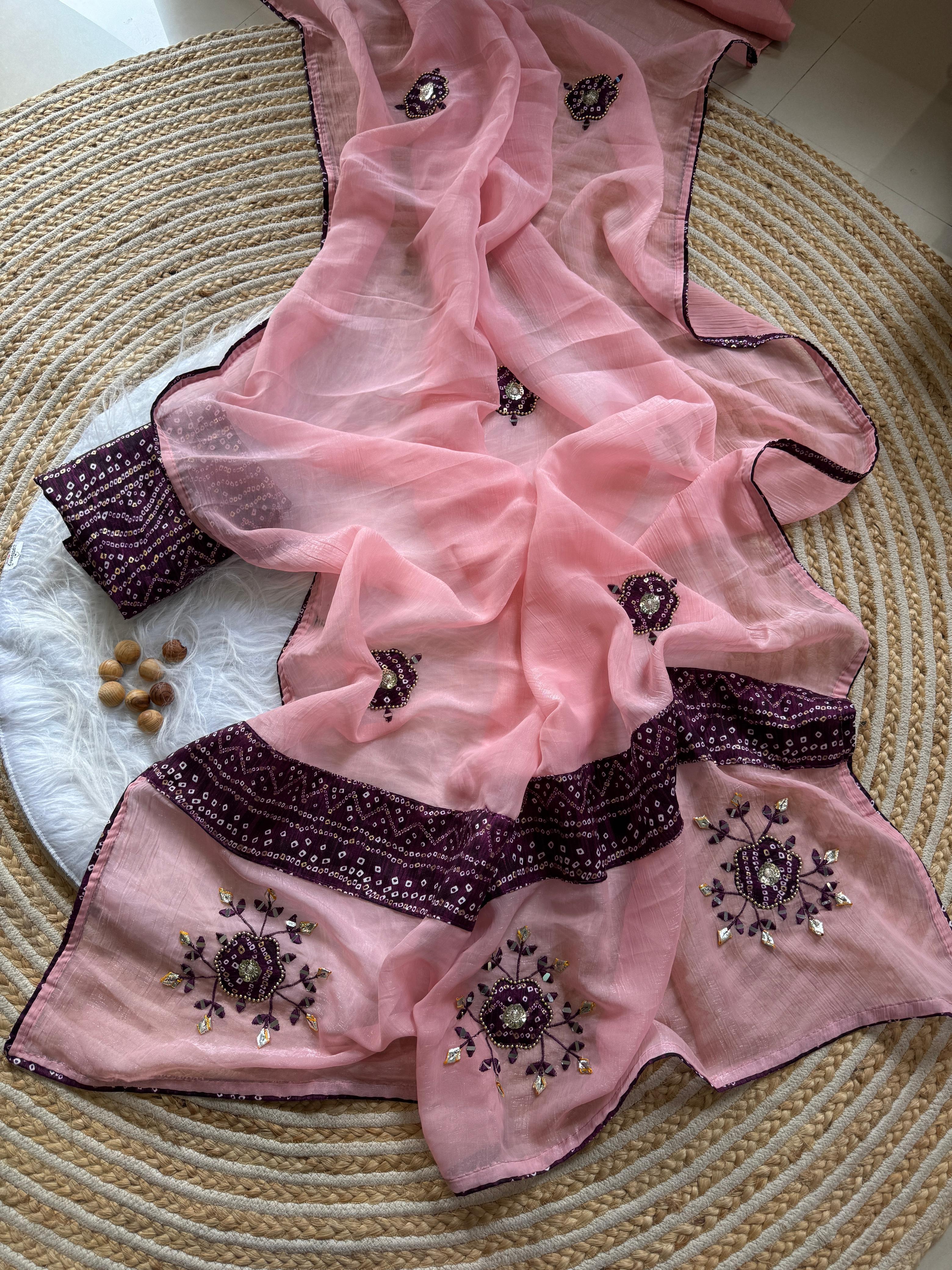 CLOVIRA Soft Crunchy Chiffon Saree with Mirror & Thread Embroidery