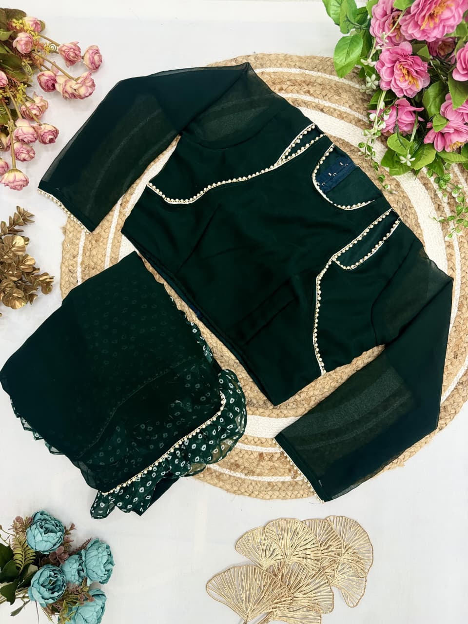 Opal Green Pre-Draped Frilled Saree with Pearl Lace & Digital Print