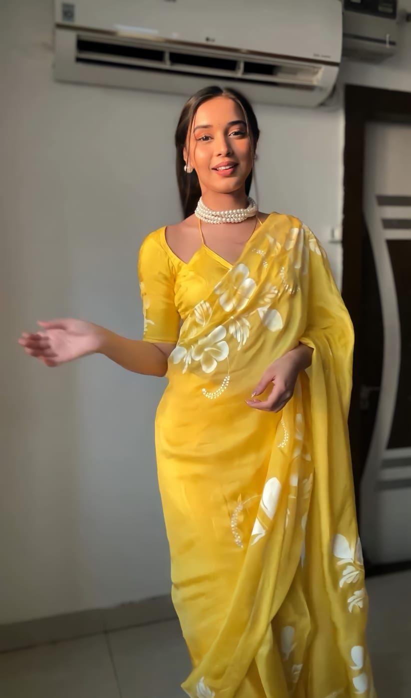 1-Minute Ready-To-Wear Yellow Georgette Saree | Printed Design with Blouse Piece