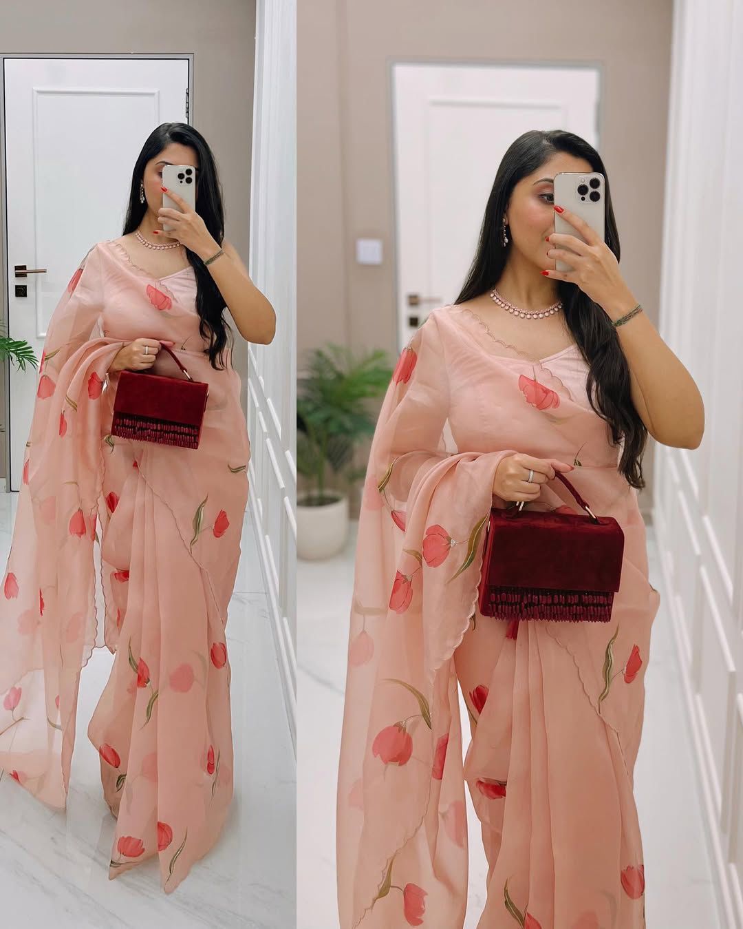 Exquisite 1-Minute Ready-To-Wear Peach Organza Silk Saree | Printed Design with Border Work & Blouse Piece
