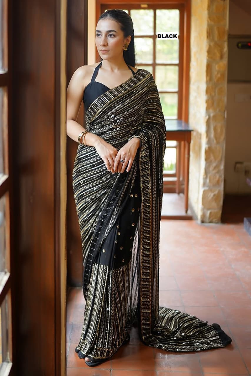 CLOVIRA Heavy Faux Georgette Saree with Sequins & Embroidery Work