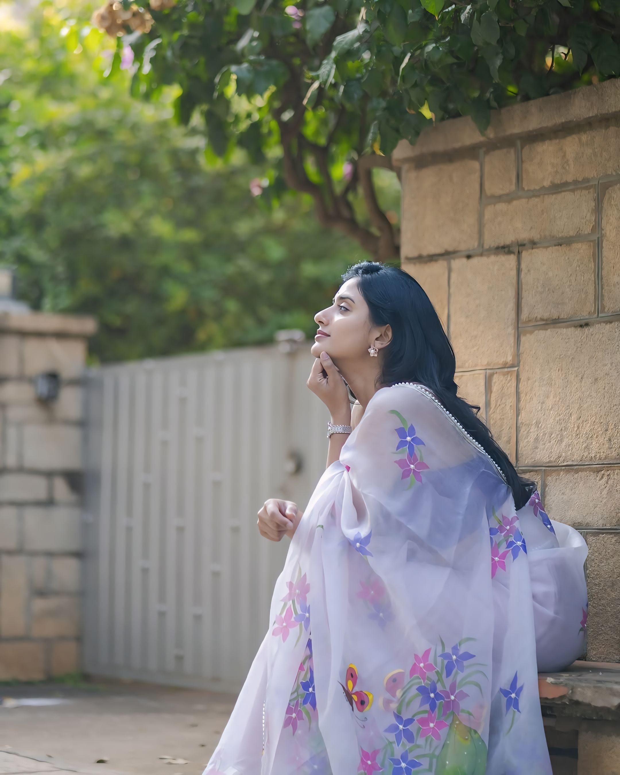 Chic 1-Minute Ready-To-Wear Off-White Organza Silk Saree | Printed + Handwork Lace Border with Banglori Silk Blouse Piece