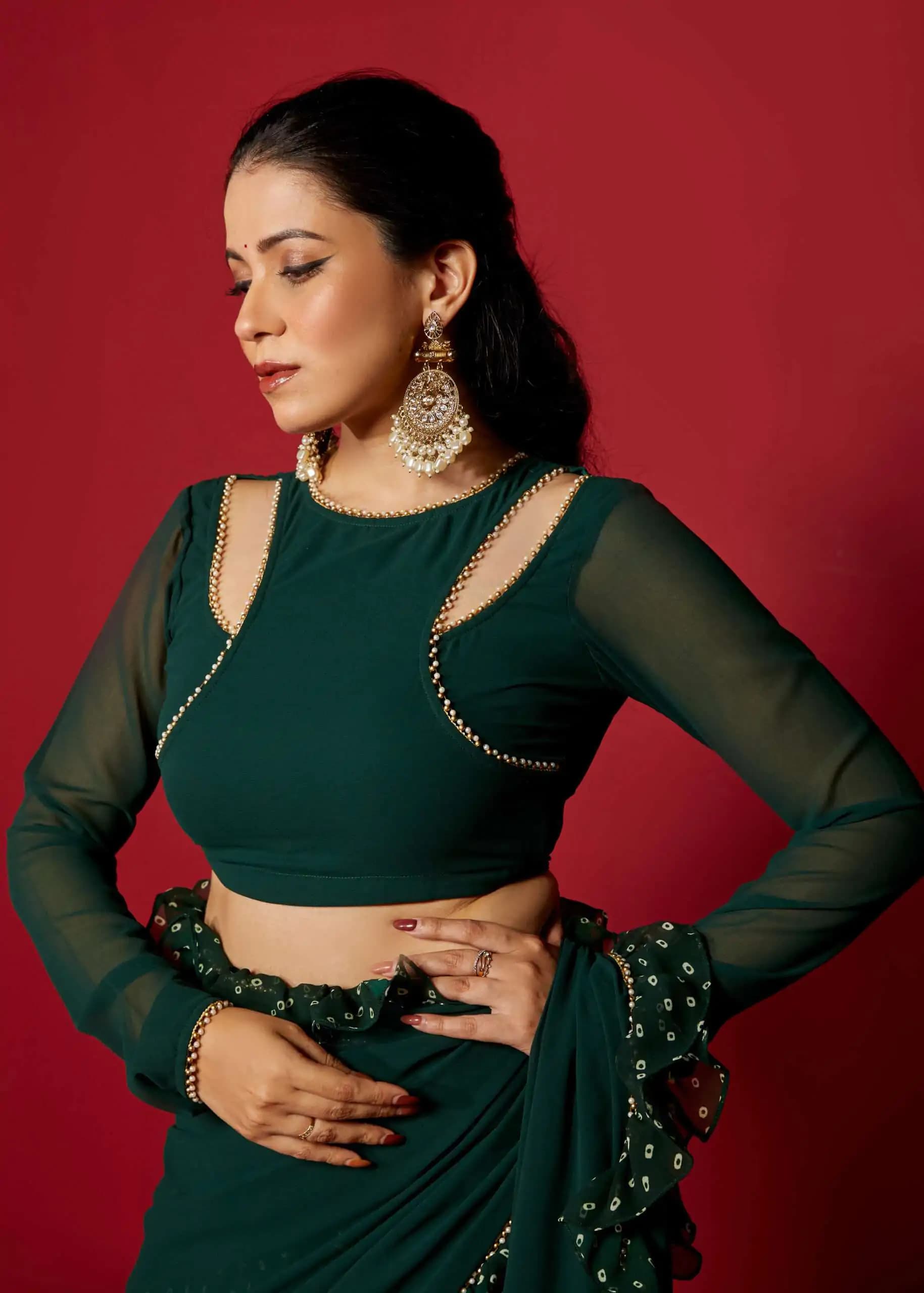 Opal Green Pre-Draped Frilled Saree with Pearl Lace & Digital Print