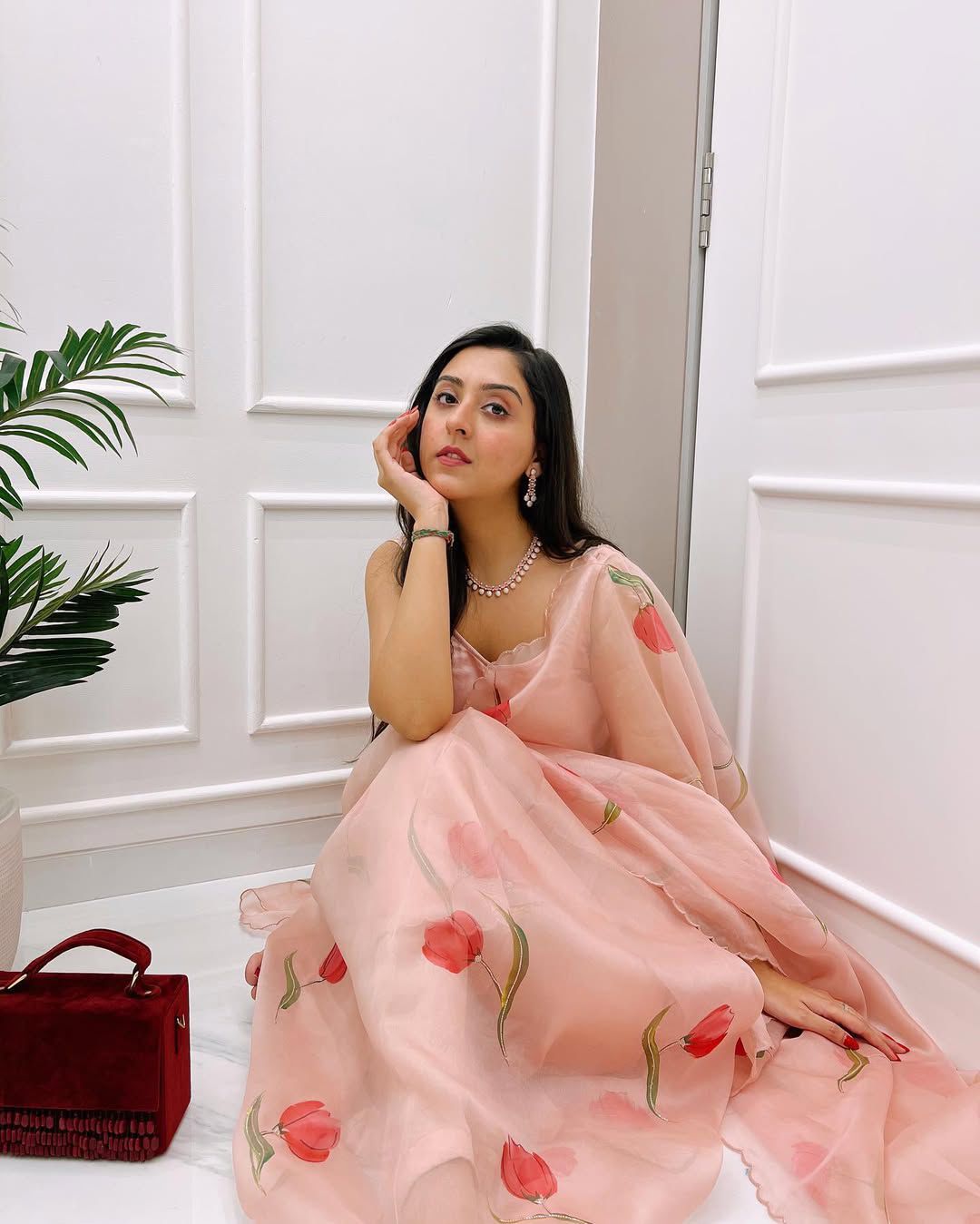 Exquisite 1-Minute Ready-To-Wear Peach Organza Silk Saree | Printed Design with Border Work & Blouse Piece