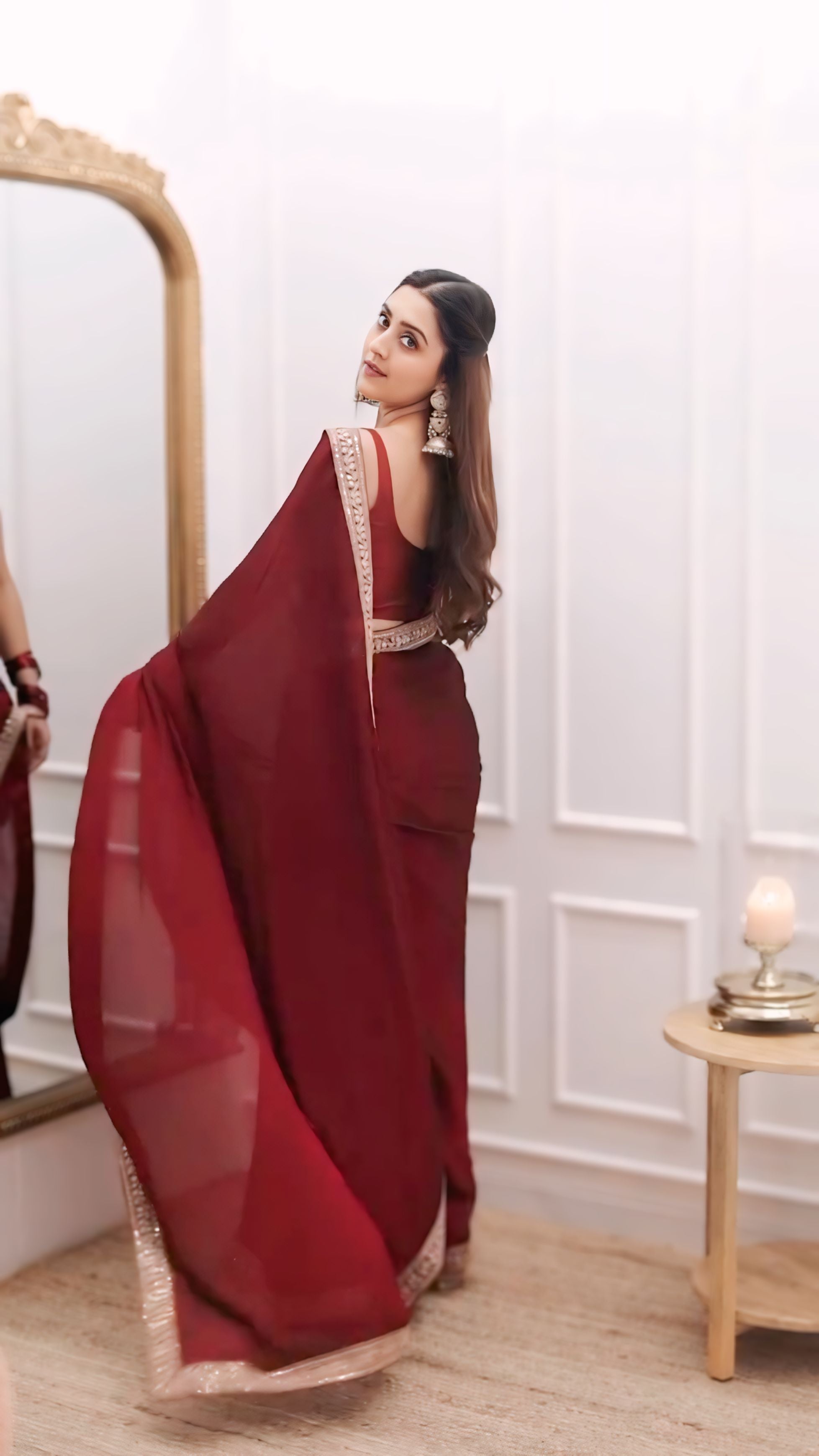 CLOVIRA Evocative 1-Minute Ready-To-Wear Maroon Rangoli Silk Saree | Embroidery Lace Border with Stitched Blouse