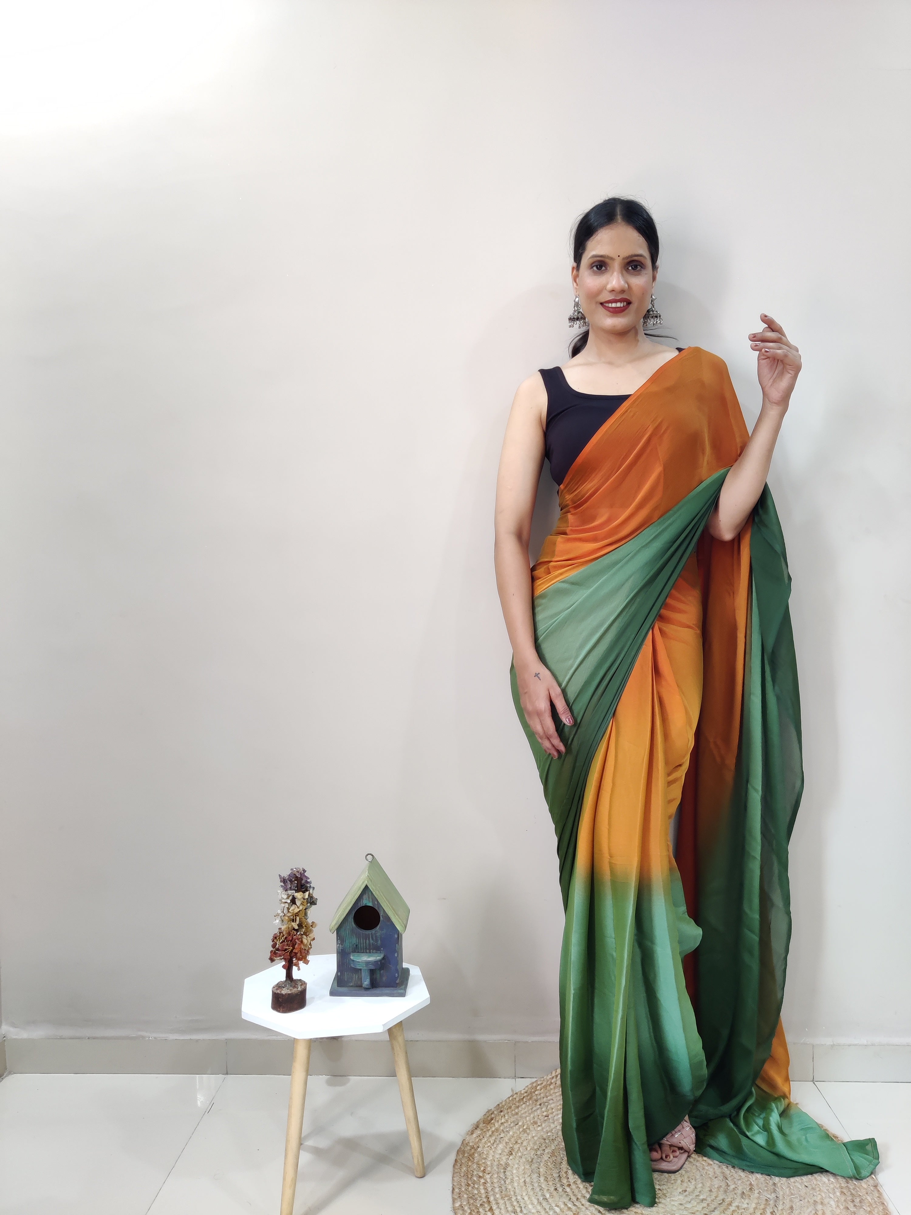 Magnificat 1-Minute Ready-To-Wear Multi-Colour Chiffon Silk Saree | Printed Design with Blouse Piece