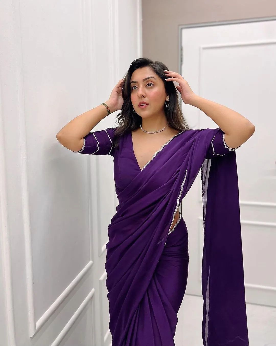 CLOVIRA Deep Violet Georgette Ready-to-Wear Saree with Stitched Violet Blouse | Elegant Designer Party Wear Collection