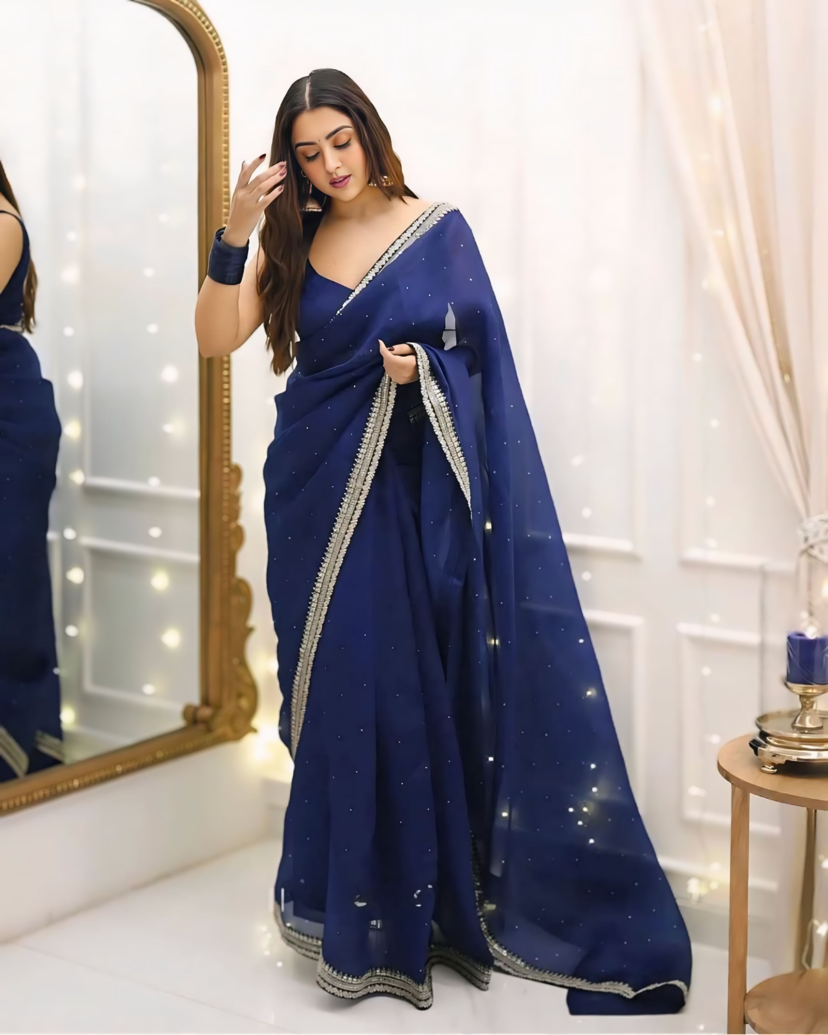 CLOVIRA 1-Minute Ready-to-Wear Organza Silk Saree with Satin Blouse | Embroidery & Siroski Designer Collection