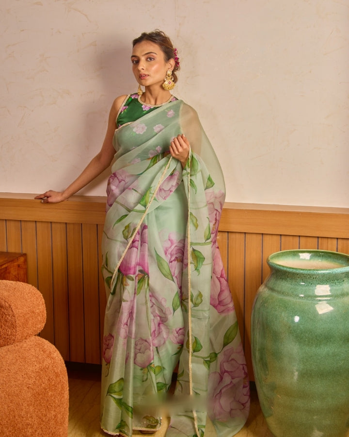 CLOVIRA Tabby Organza Ready-to-Wear Saree with Stitched Blouse | Elegant Designer Party Wear Collection