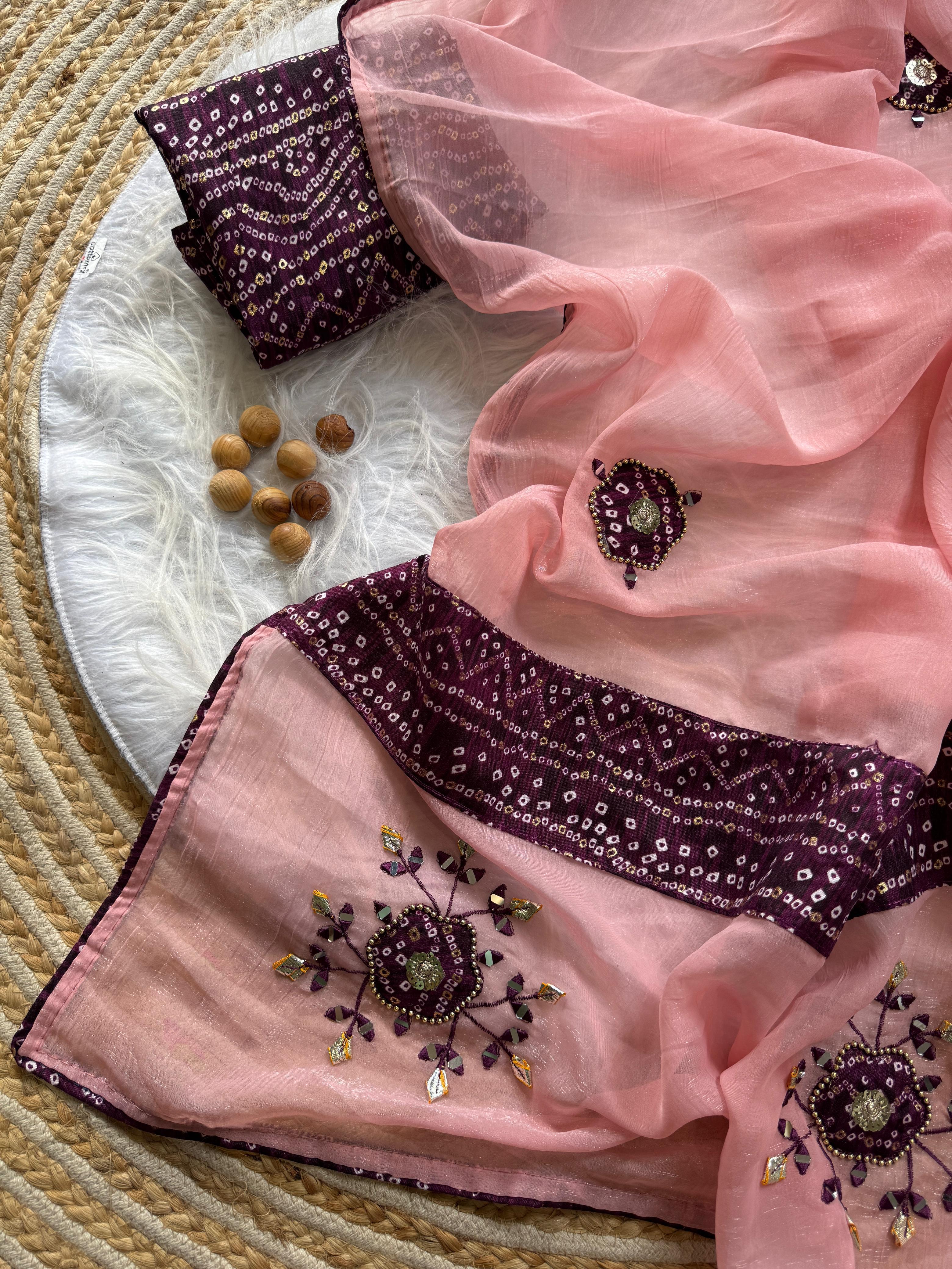 CLOVIRA Soft Crunchy Chiffon Saree with Mirror & Thread Embroidery