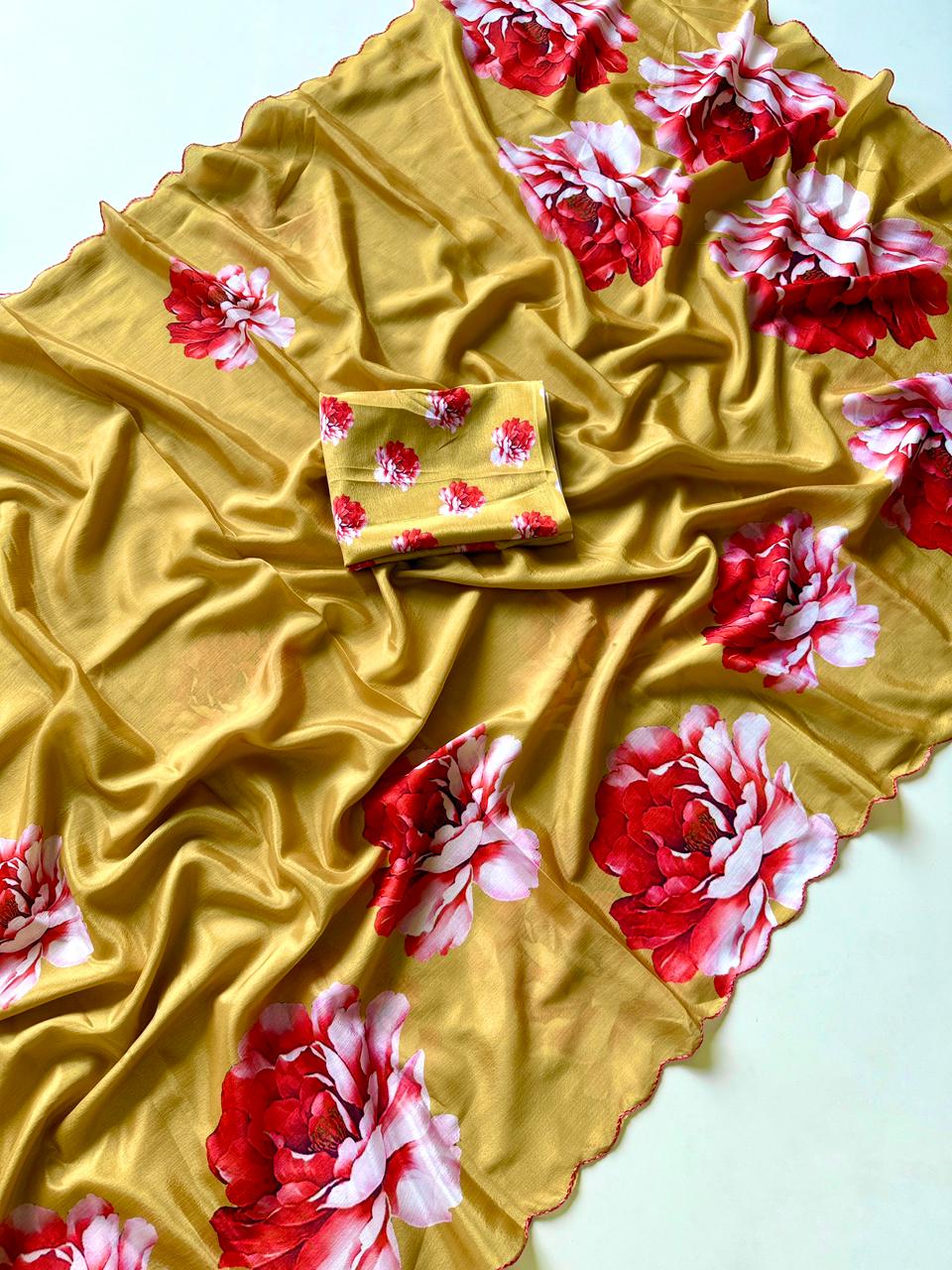 Soft Chinon Saree with Floral Print & Contrast Arco Cutwork Border