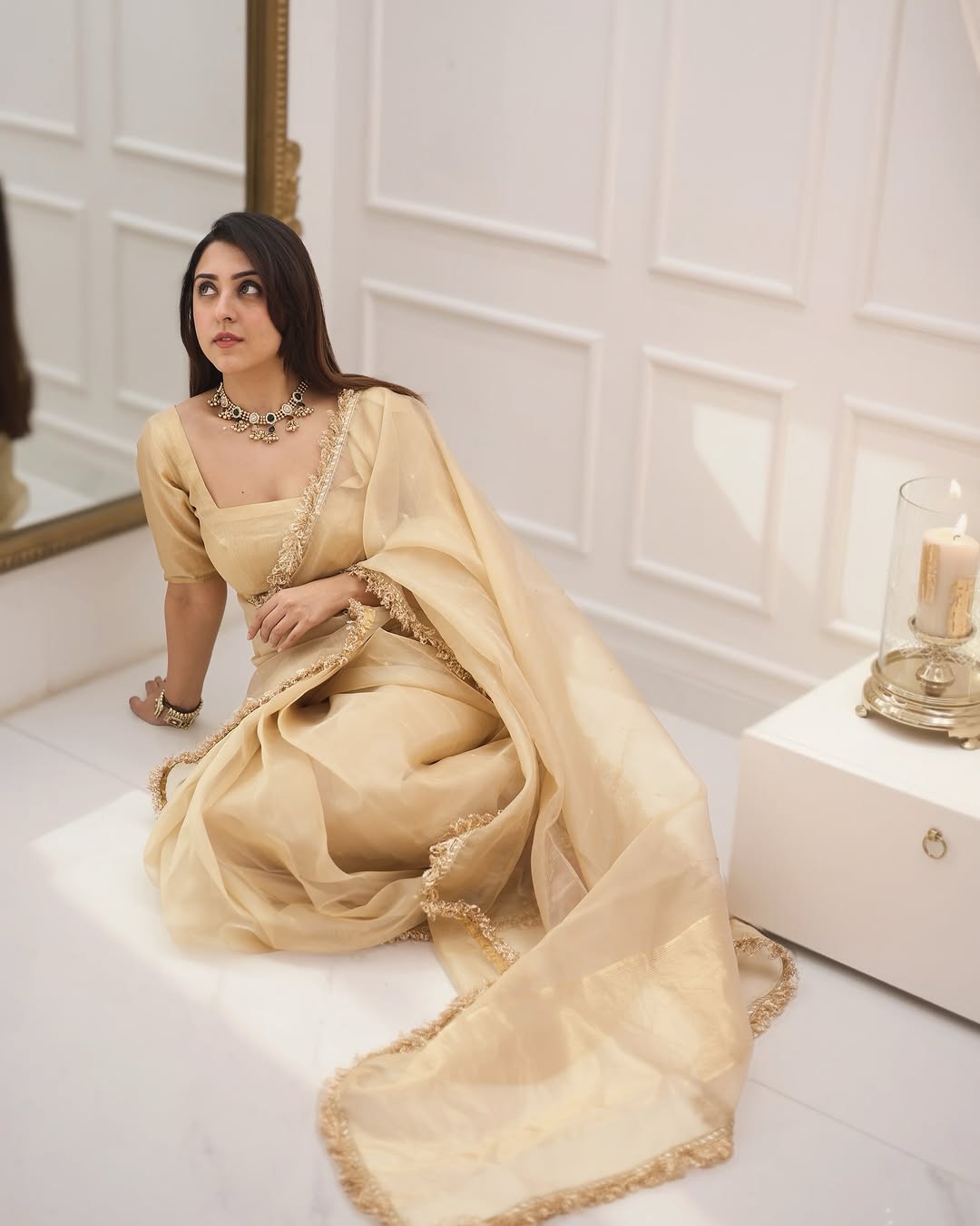 Unequalled 1-Minute Ready-To-Wear Beige Chanderi Cotton Silk Saree | Embroidery Border with Blouse Piece