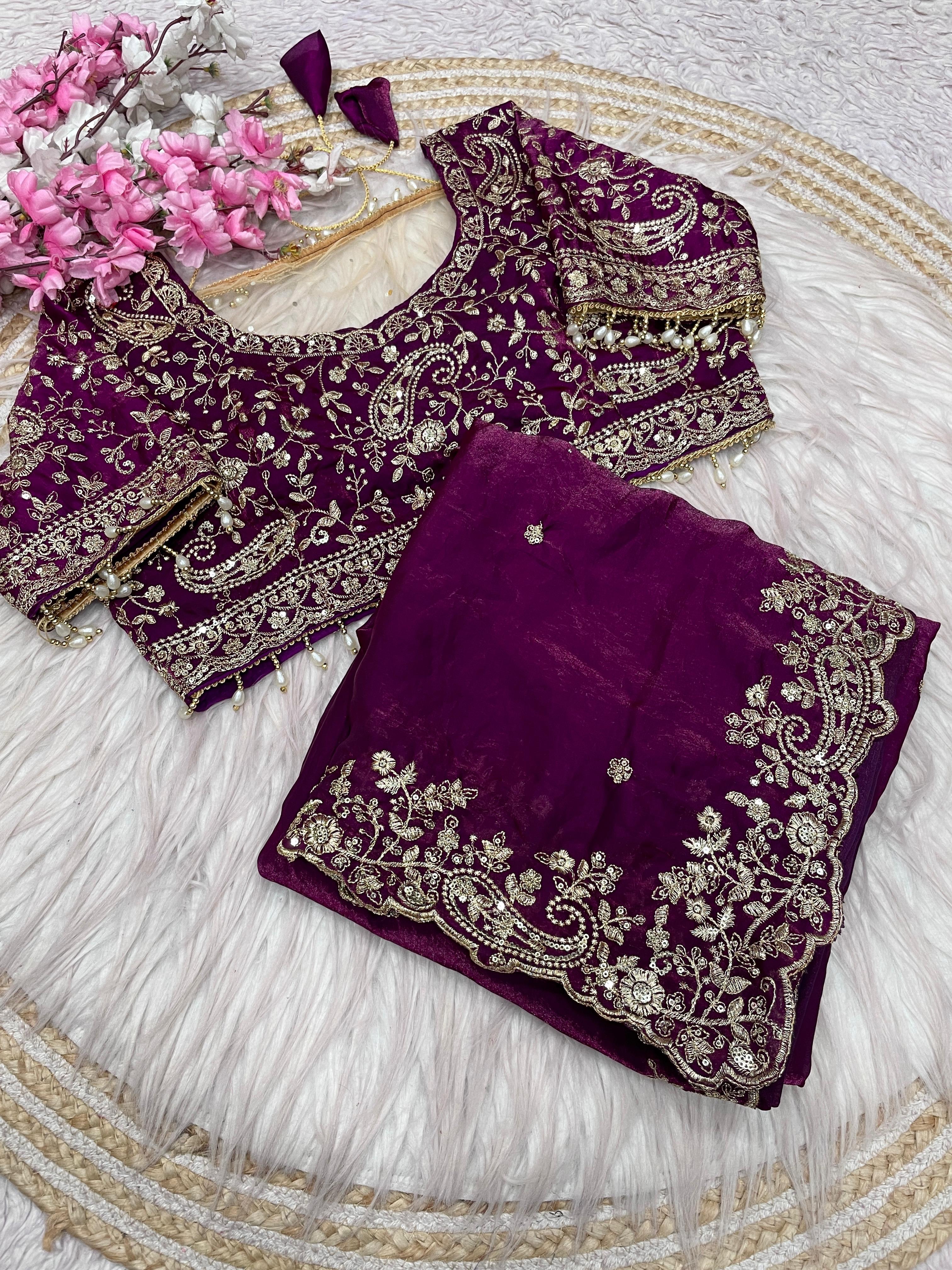 Designer Traditional Party Wear Fendy Silk Saree | Multi & Sequence Embroidery Work | Cutwork Border & Stitched Blouse