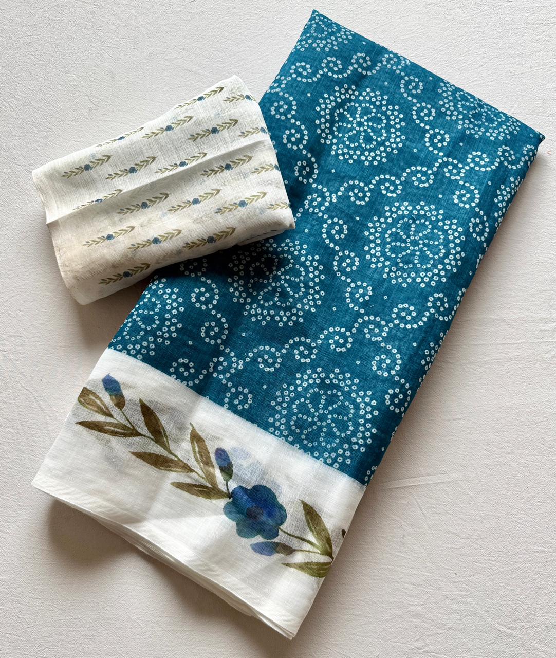 Soft Linen Saree with 3D Bandhej Digital Print & Running Blouse