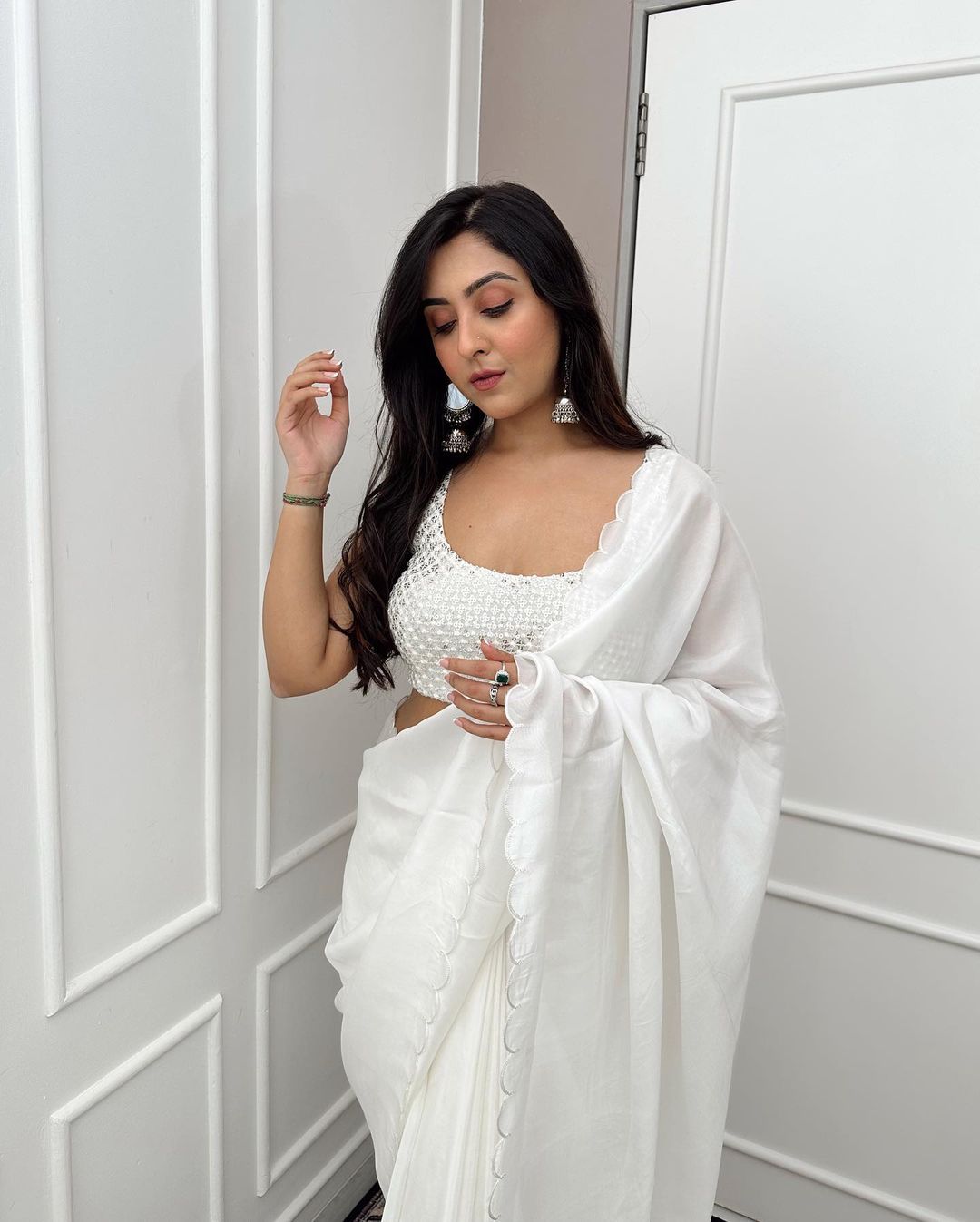 CLOVIRA White Rangoli Silk Ready-to-Wear Saree with Sequin Work Blouse | Effortless Luxury Collection
