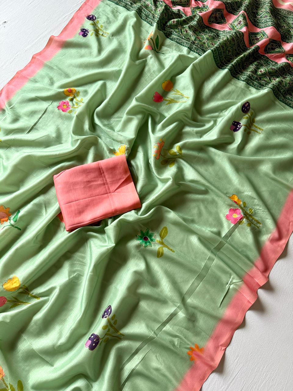 Soft Tusser Silk Saree with 3D Floral Digital Print & Aari Work