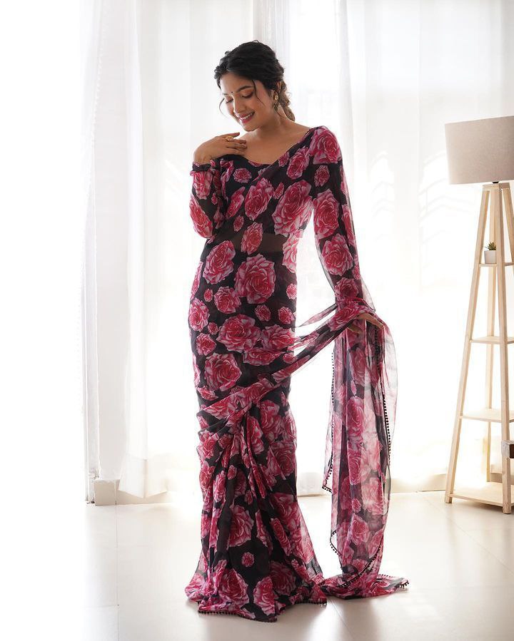 Imperishable Ready-To-Wear Black Georgette Saree | Printed Design with Blouse Piece