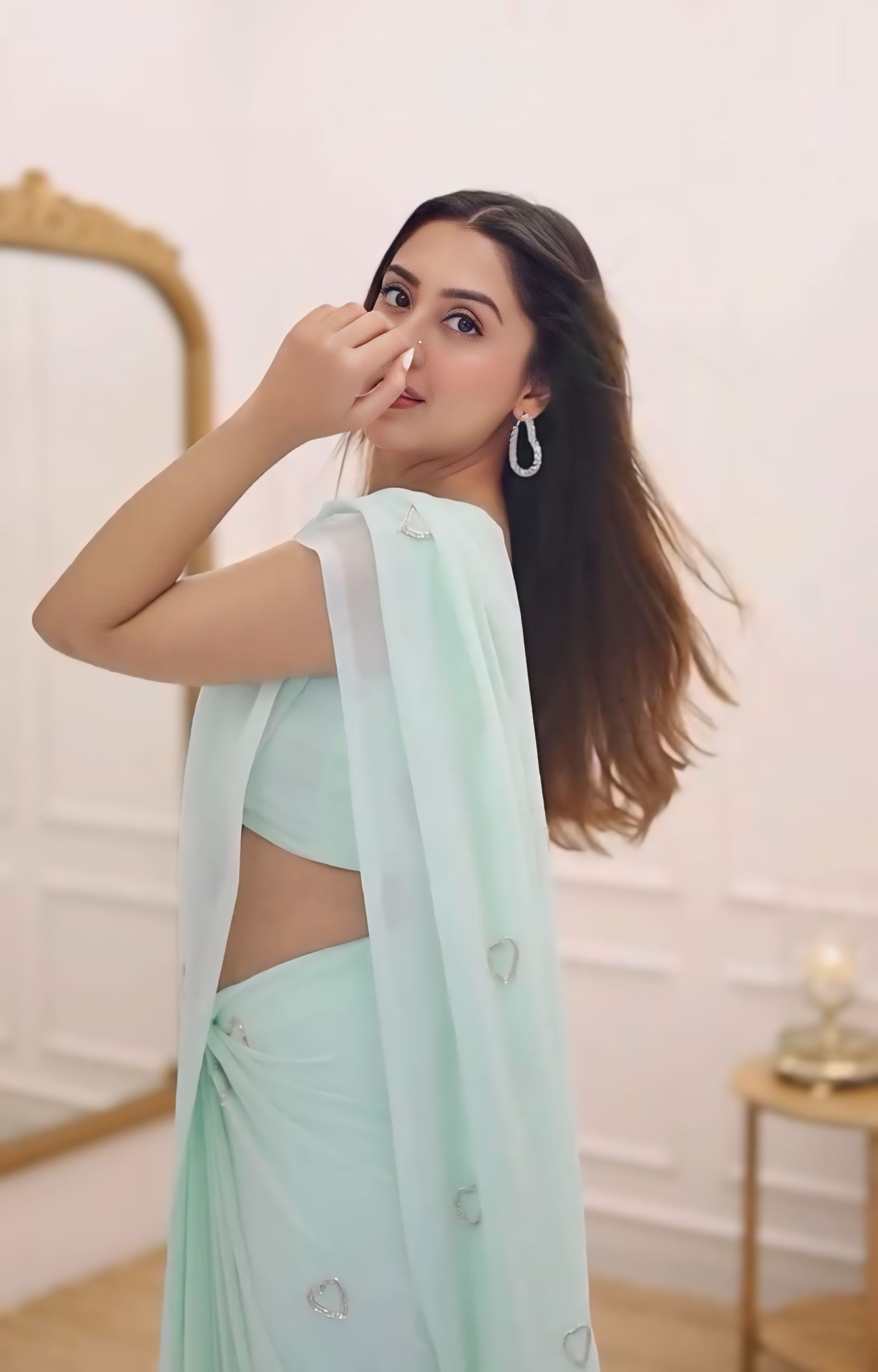 CLOVIRA Serene 1-Minute Ready-To-Wear Turquoise Georgette Saree | Elegant Handwork with Stitched Blouse