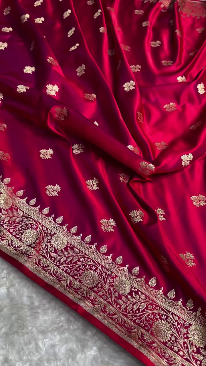 Regal Deep Maroon Satin Silk Saree with Golden Zari Butta & Rich Woven Border