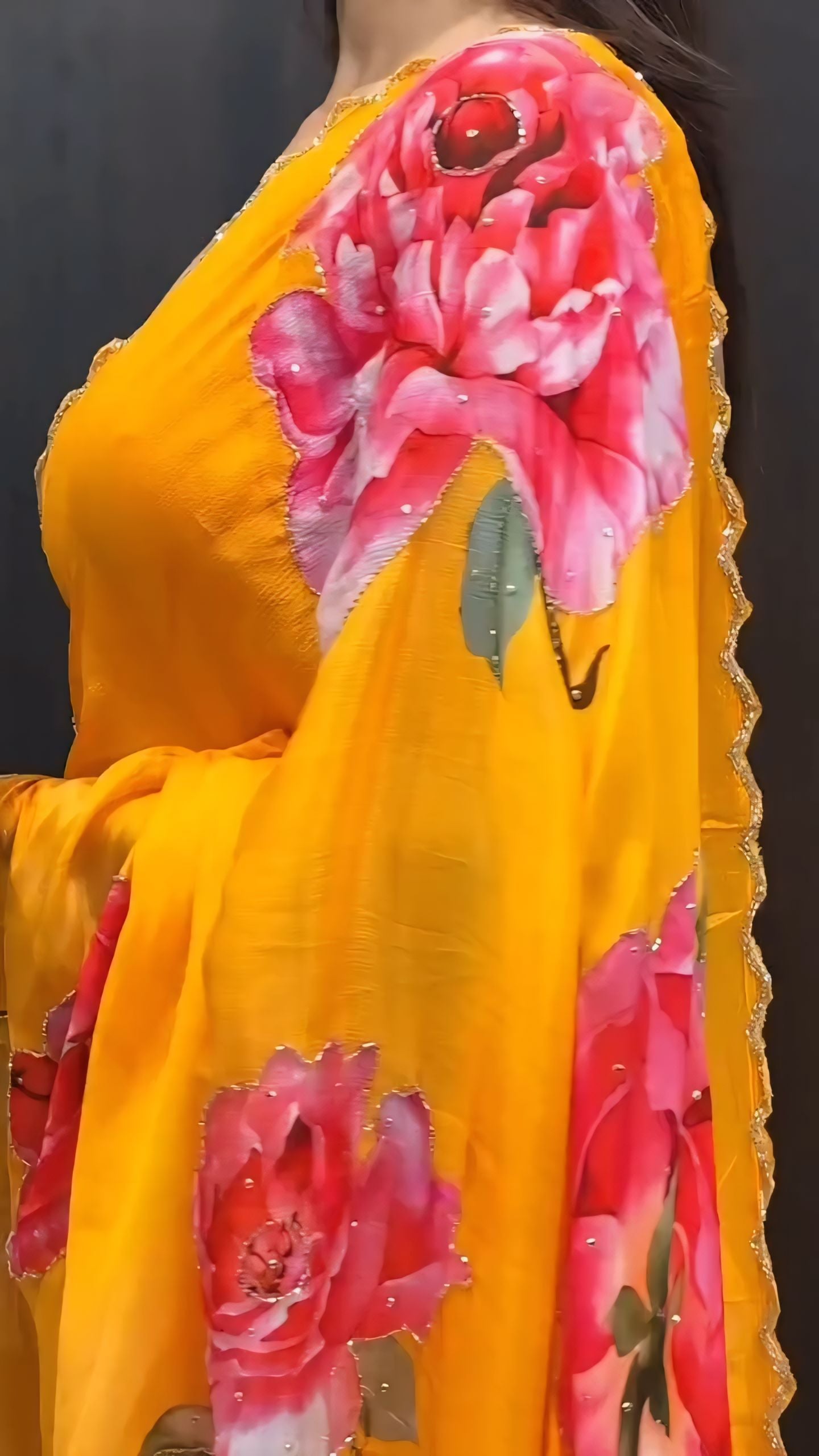 Elegant Ready-To-Wear Georgette Handwork Saree | Golden Curved Lace Border with Blouse Piece