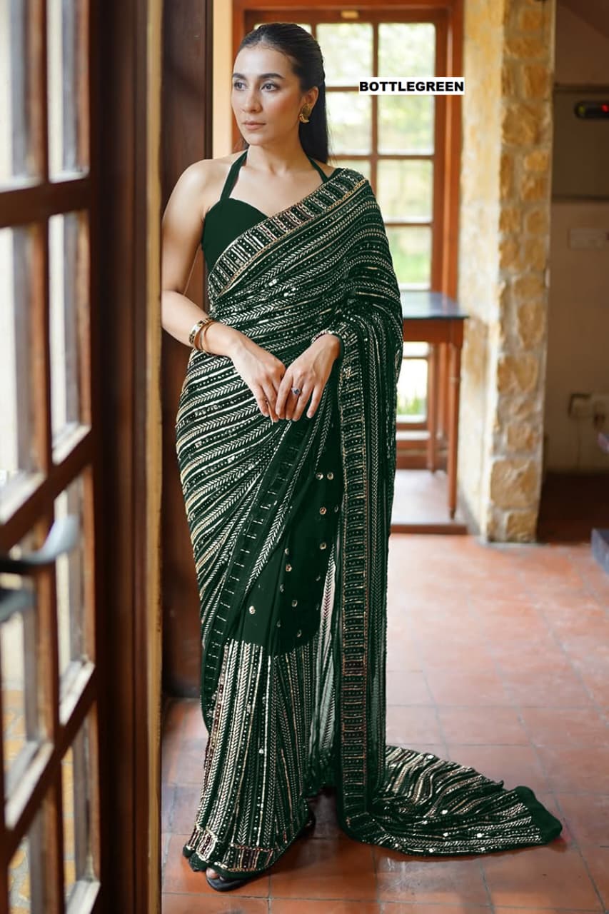 CLOVIRA Heavy Faux Georgette Saree with Sequins & Embroidery Work